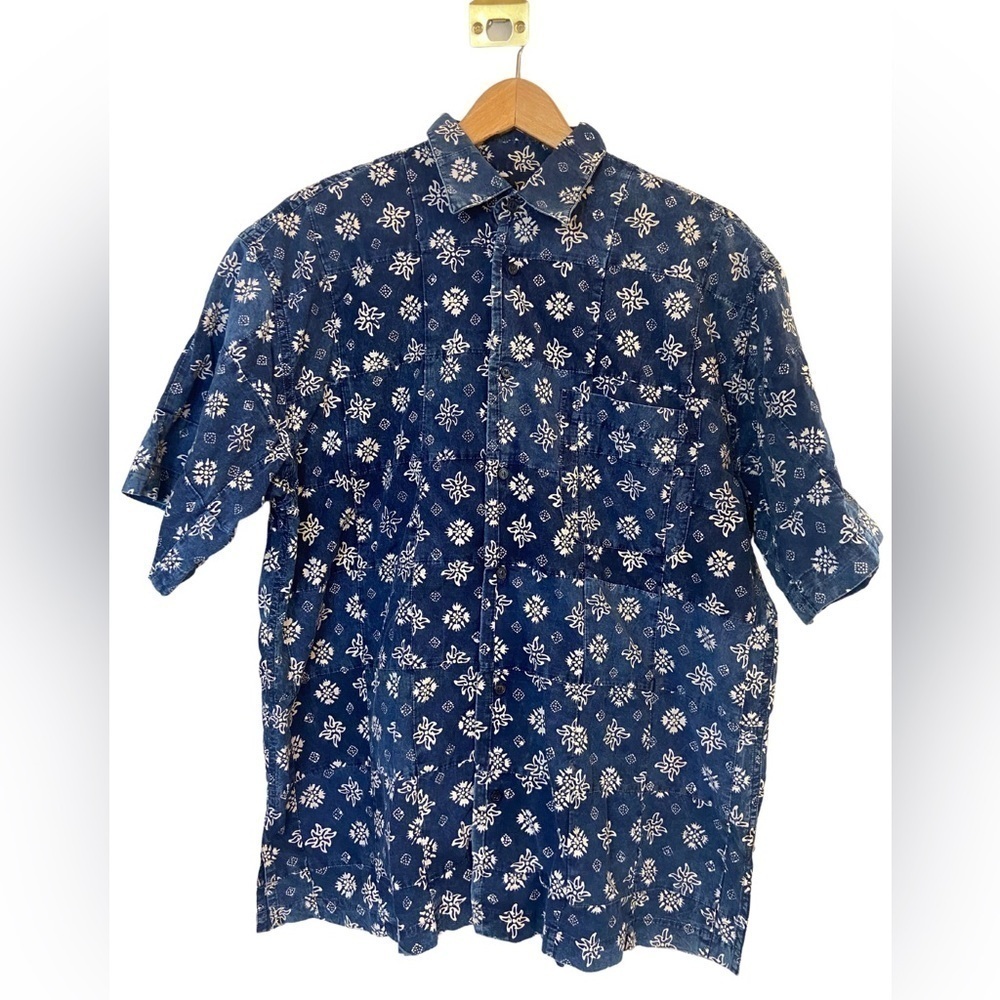 Baik Baik Vintage Blue Print Casual Shirt Sleeve Button Down Shirt Size Medium
